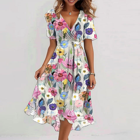 Loose casual comfortable V-neck floral dress m302907