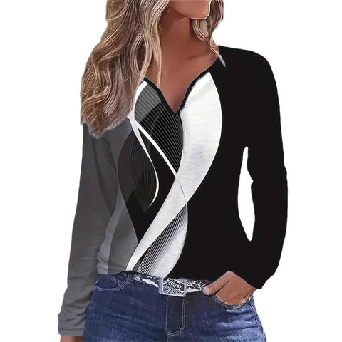 Fashion trend versatile high quality notch long sleeve V neck T-shirt m301614