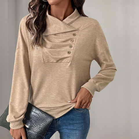 Casual sweater pleated button solid color stand-up neck sweater women's m300800