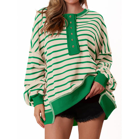 V-neck contrasting stripes loose long-sleeved women's t-shirt top FF303304