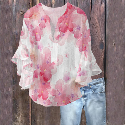 Creative floral element printing digital printing casual trend V-neck lotus edge T-shirt women's m301769