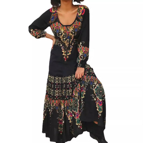 Temperament elegant long-sleeved dress autumn printing U-neck seaside vacation style long dress m300927