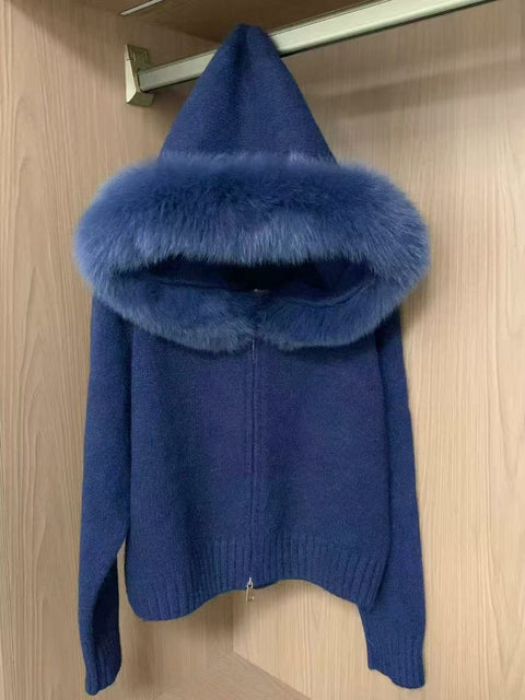 Hooded fur collar splicing knitted sweater jacket women's autumn and winter simple cardigan m302131