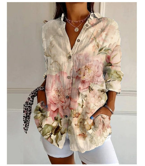 3D digital printing abstract pattern women's long-sleeved buckle linen shirt m301277