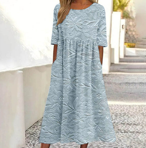 Ladies Casual Crew Neck Pullover Short Sleeve 3D Printing Pleated Waist Swing Long Dress Dress m301299