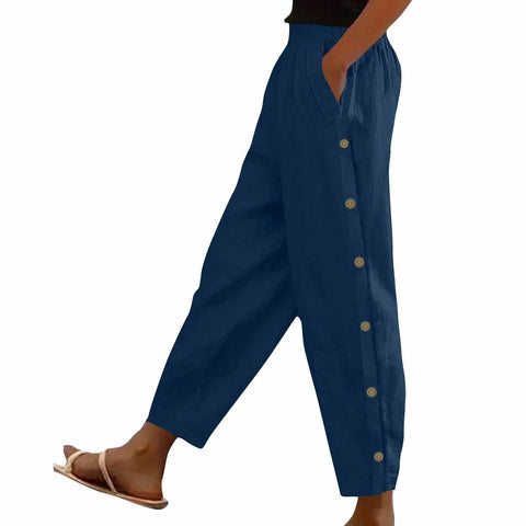 Side button pocket solid color mid-waist cotton and linen casual loose trousers m302831