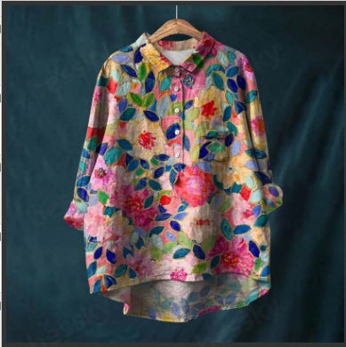Long Sleeve Bamboo Linen Printing Fashion Versatile Lapel Shirt m301040