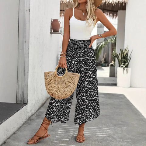 Pantalon décontracté à pois, taille haute lâche, coupe ample, jambes larges m302764