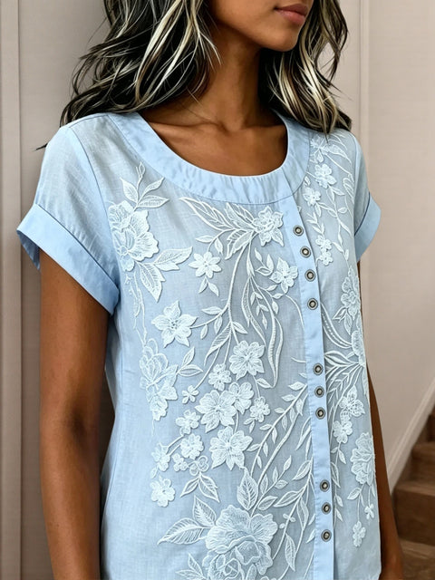 Ethnic style flower embroidered top large size loose cotton and linen texture short-sleeved temperament casual shirt m302765
