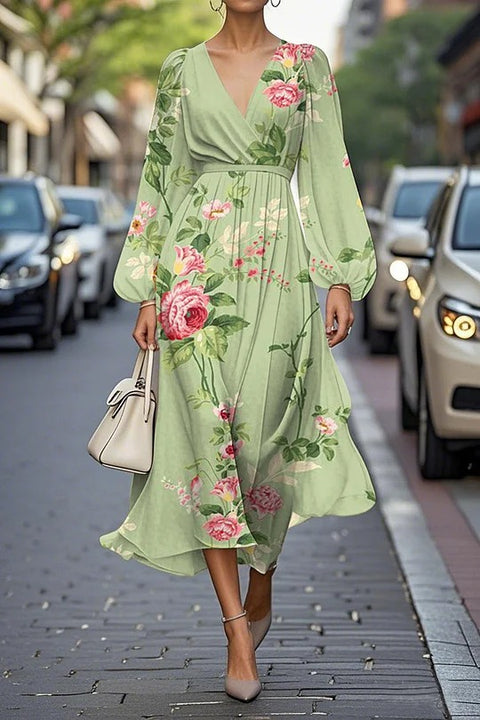 Floral series pattern 3D printing series casual women's V long dress m302129