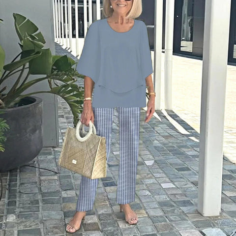 Casual round neck medium sleeve top printed flower pants set two-piece set m301465