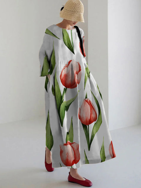 Loose crew neck fashion high-end long-sleeved printed dress m301054