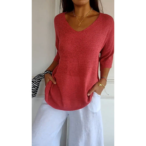 Casual sweater basic thin V-neck seven-quarter sleeve solid color knitted sweater women's bottoming shirt m301636