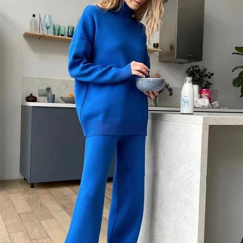 High-necked knitted suit women's autumn and winter lazy wind hair wide-leg pants two-piece set m301785