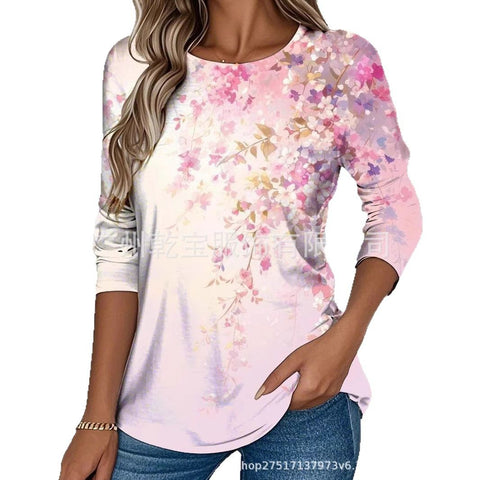 Plant and flower print casual round neck long-sleeved top T-shirt m302251