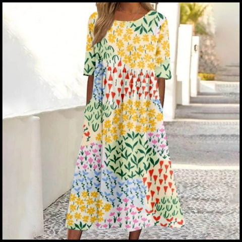 Ladies Casual Crew Neck Pullover Short Sleeve 3D Printing Pleated Waist Swing Long Dress Dress m301299