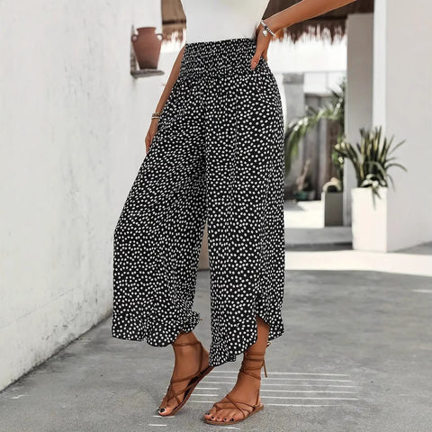 Pantalon décontracté à pois, taille haute lâche, coupe ample, jambes larges m302764