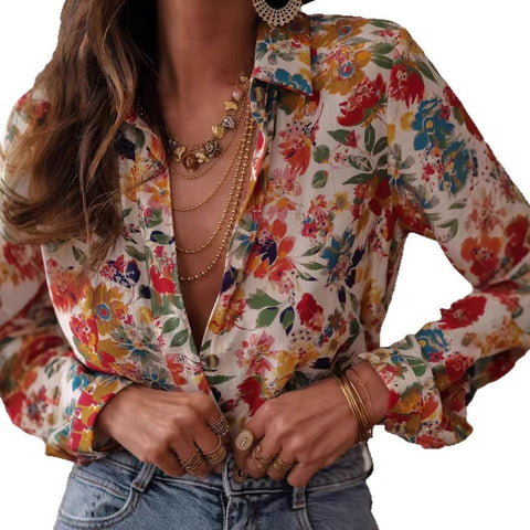 Casual summer new long-sleeved printed lapel shirt casual vacation women's shirt m301605