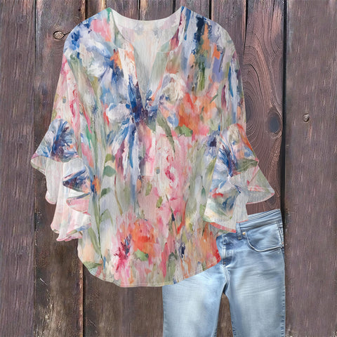 Creative floral element printing digital printing casual trend V-neck lotus edge T-shirt women's m301769