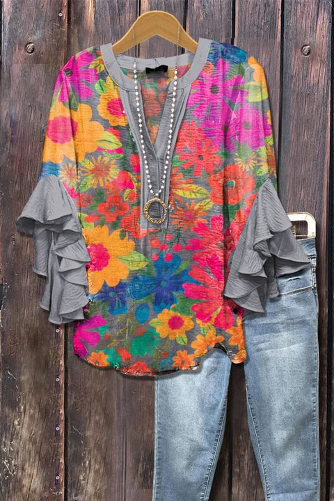 Creative floral element printing digital printing casual trend V-neck lotus edge T-shirt women's top m301778