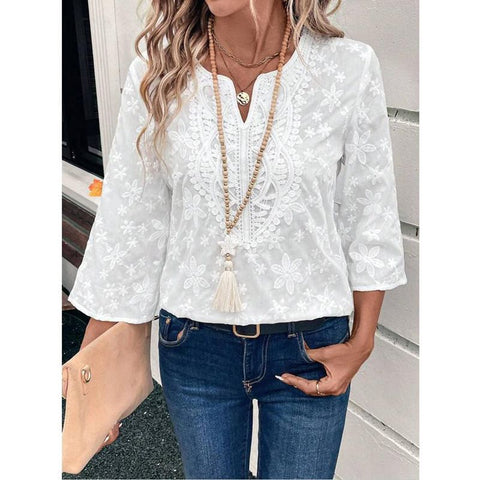 Casual loose embroidered lace v-neck women's clothing m301476