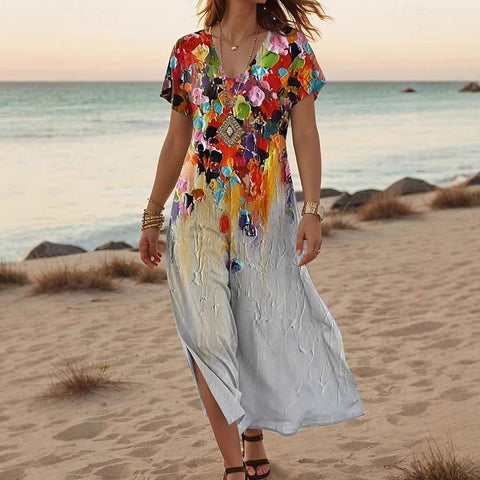 Creative floral women's summer new V-neck short-sleeved dress m301230