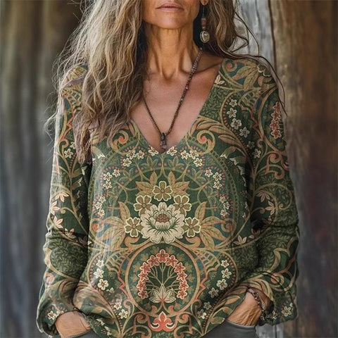 casual V-neck long-sleeved pullover loose digital printing women's top T-shirt m301736