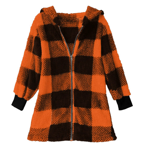 Long Sleeve Plaid Hooded Zipper Pocket Loose Jacket m302168