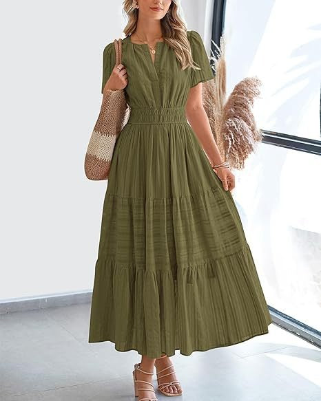 Fashion V-neck pleated bubble sleeves layered pendulum dress women m302009