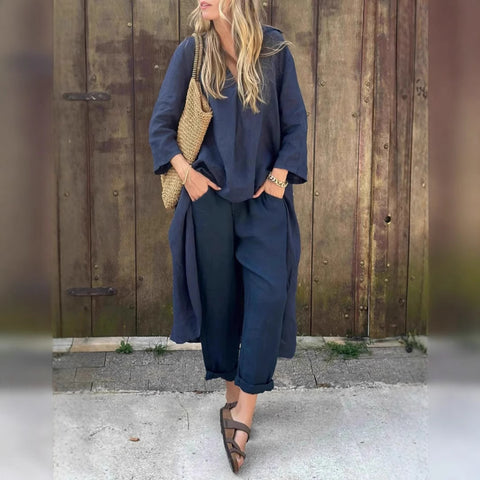 Women's summer pocket V-neck 2-piece set solid color loose women's clothing m301501