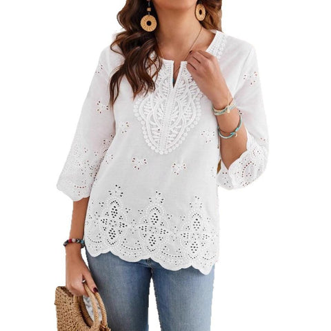 Stylish and sexy lace edge V-neck spring and summer new seven-quarter sleeve shirt m301472