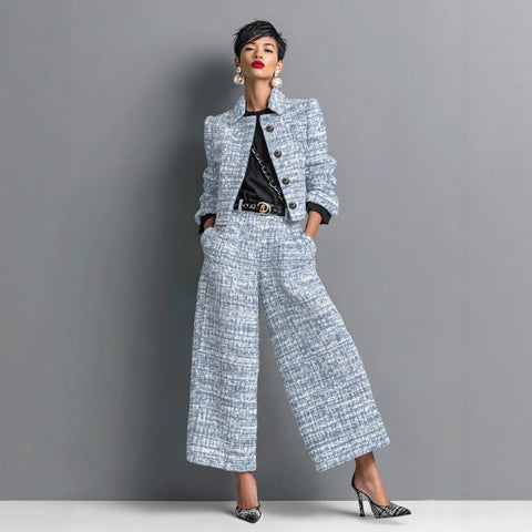 Lapel slim-fitting women's clothing European and American style long-sleeved short jacket with wide leg pants set m302505