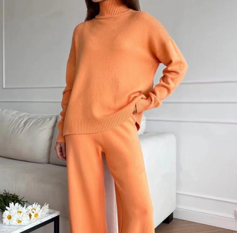High-necked knitted suit women's autumn and winter lazy wind hair wide-leg pants two-piece set m301785