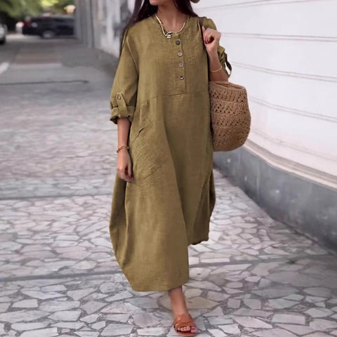 Women's Solid Color Crew Neck Cotton and Linen Long Sleeve Casual Double Pocket Button Long Dress m302717