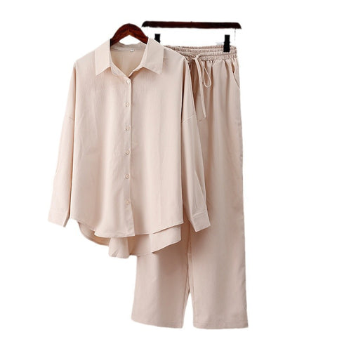 New loose elastic wrinkle long-sleeved shirt wide-leg pants casual suit women's 2-piece set m301960