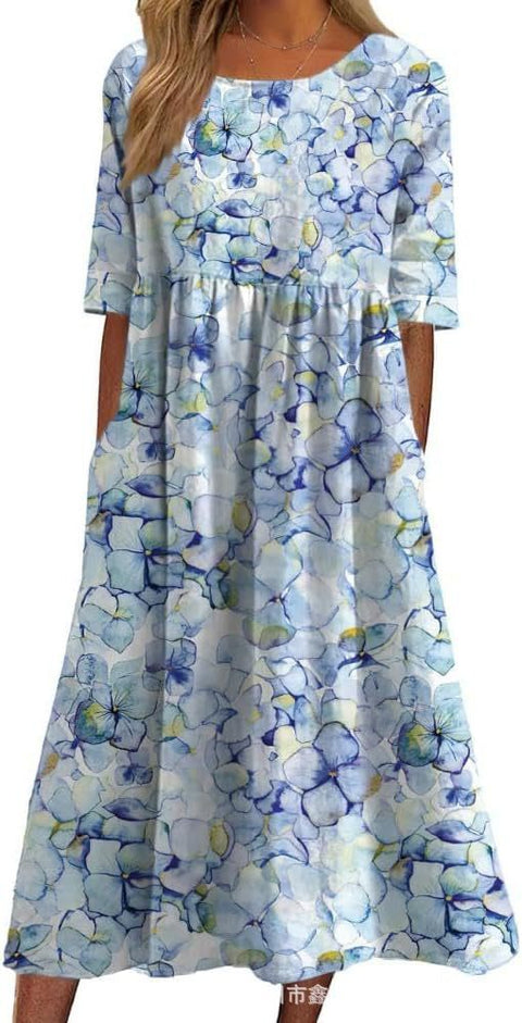 Ladies Casual Crew Neck Pullover Short Sleeve 3D Printing Pleated Waist Swing Long Dress Dress m301299