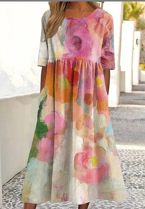 Up and down splicing pocket size printing big wide dress m301712