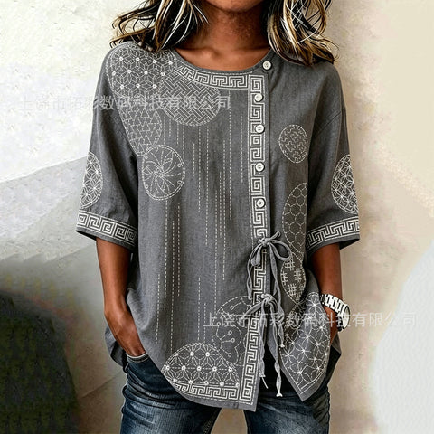 Temperament women's long-sleeved shirt printed top lace-up shirt m302925