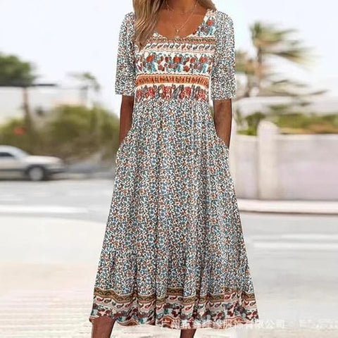 Ladies Casual Crew Neck Pullover Short Sleeve 3D Printing Pleated Waist Swing Long Dress Dress m301299