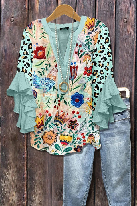 Digital printing casual trend V-neck lotus edge T-shirt women's m302725-1