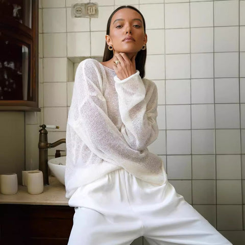 Women's perspective thin large round neck horn sleeve knitted T-shirt m301766