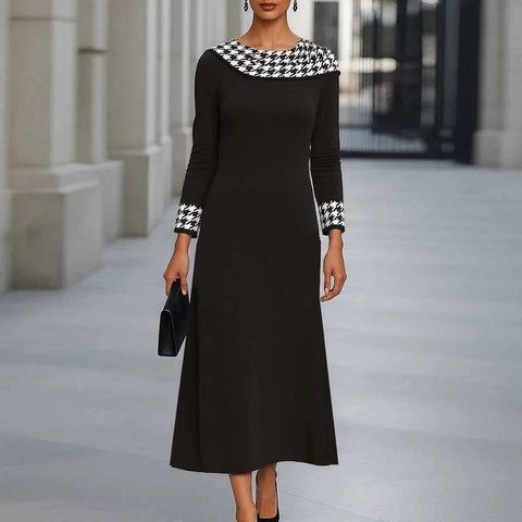 Elegant autumn and winter long-sleeved bird grid splicing dress m301752