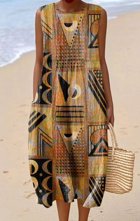 Summer sleeveless pocket casual print temperament long dress dress m302454