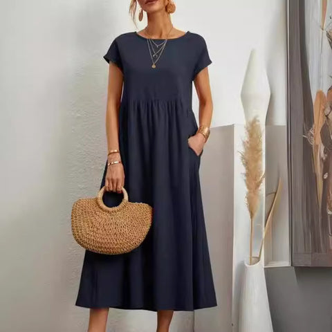 Sleeveless loose cotton and linen pocket dress m301061