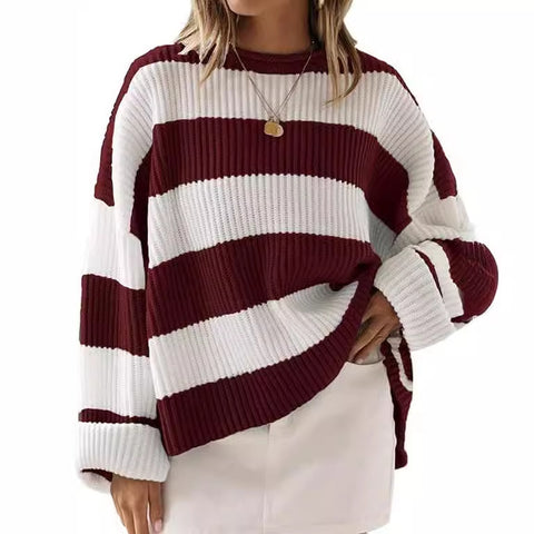 Crew neck long sleeve striped knitted sweater flared sleeve loose sweater women m301591