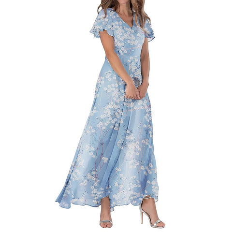 Big pendulum long dress V-neck short-sleeved printed chiffon dress m301544