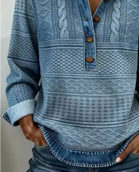 Wind knitted lapel long-sleeved shirt women's autumn and winter versatile casual shirt splicing denim m302241