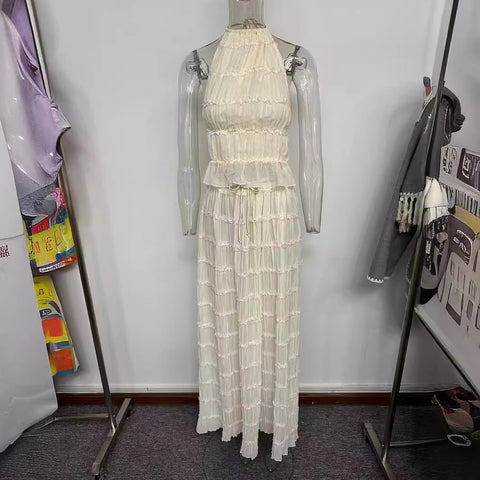 backless neck sling drawstring chiffon pleated long skirt two-piece set m301879