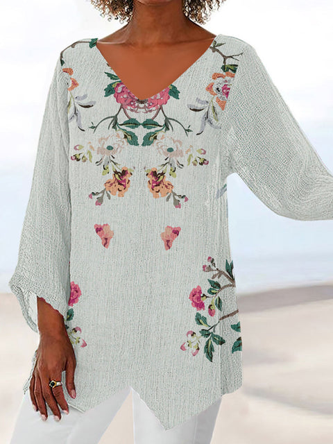 Women's printed animal natural scenery V-neck nine-quarter sleeve loose T-shirt m301289