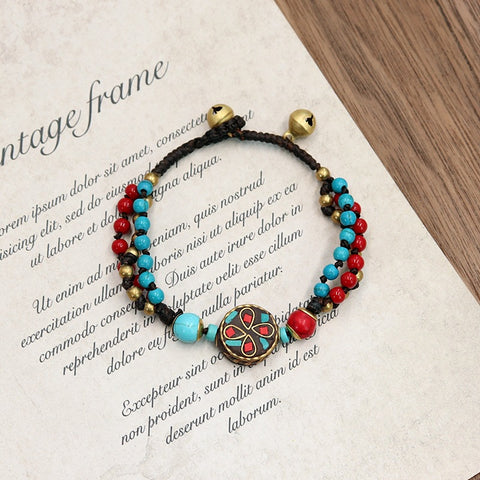 Retro Nepalese Ancient Law Copper Bead Bracelet Women's Tibetan Ethnic Style Personalized Simple Weaving Blue Bracelet M5010668